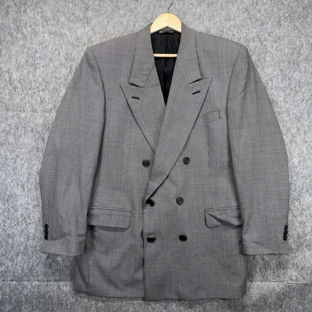 Vintage Christian Dior Double Breasted Blazer 40R Houndstooth Wool Shoulder Pads